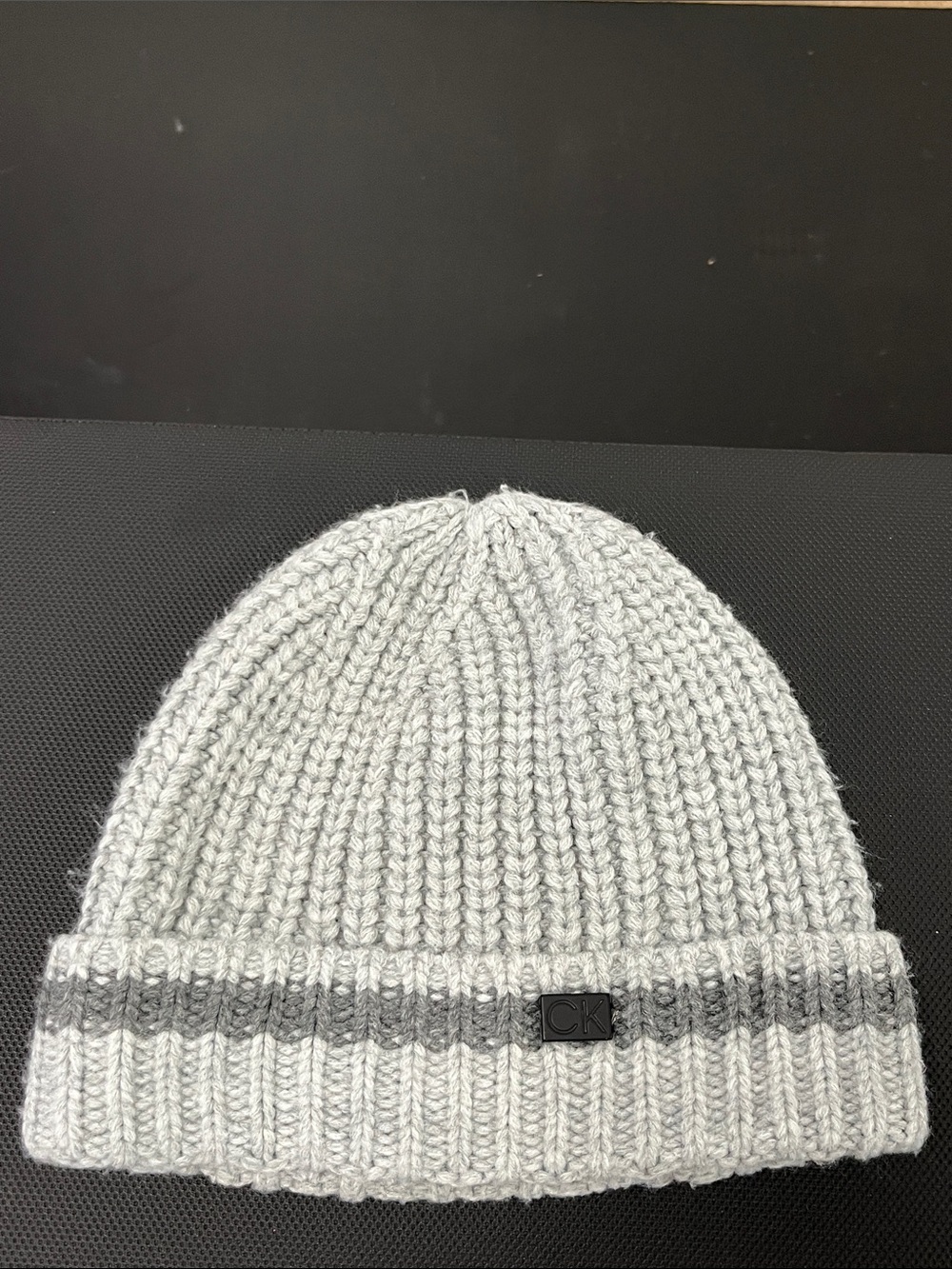 Calvin Klein Light Gray Ribbed Knit Beanie with Dark Gray Stripe #1255